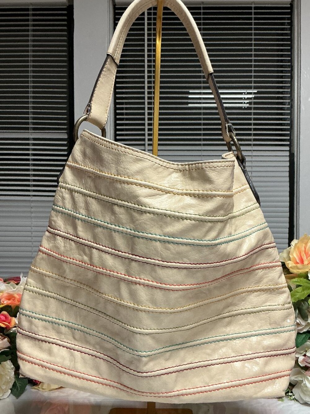 AXCESS Cream Rainbow Stitch Hobo Shoulder Bag Matching Wallet Set